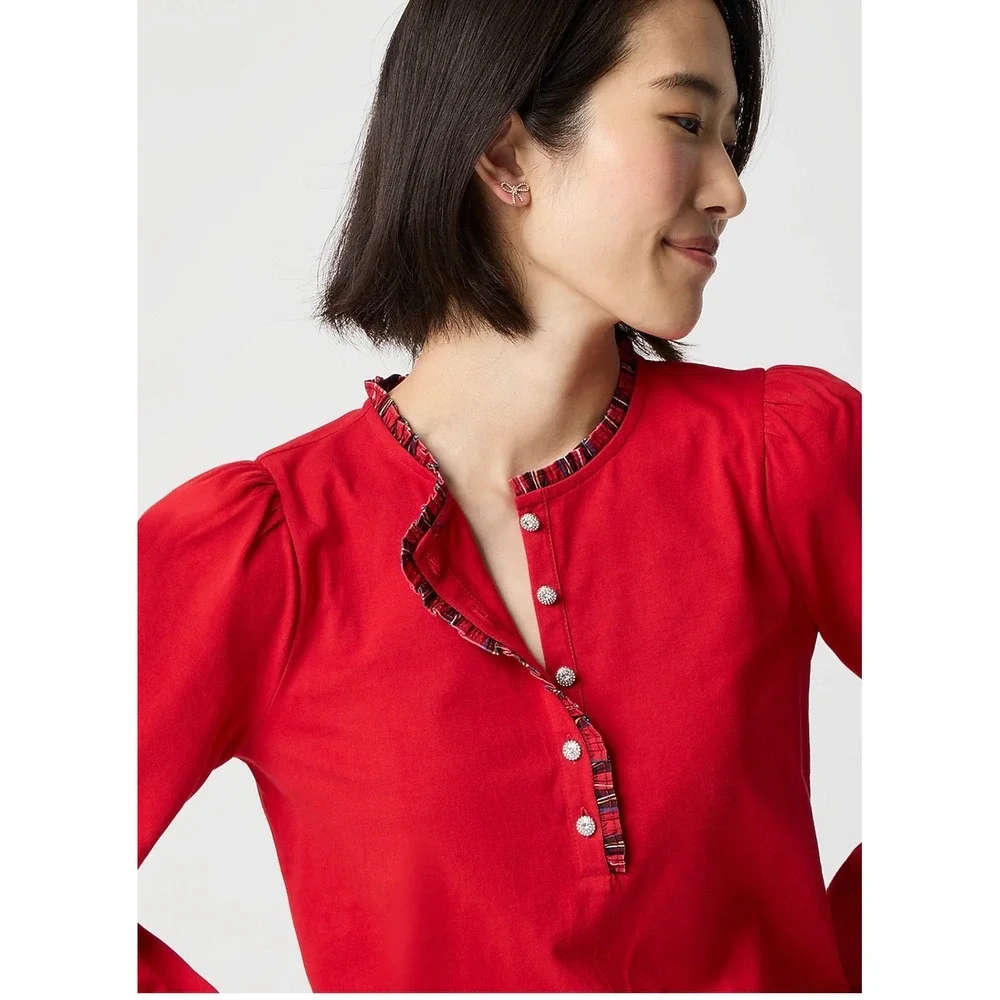 J.CREW Long-sleeve Tartan‎ and Jewels Henley Shirt Small Red NEW Festive CO282